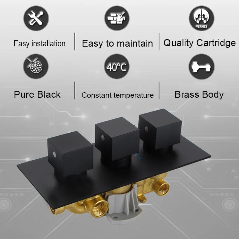 Afralia™ Matte Black Thermostatic Rain Waterfall Shower Set Wall Mounted Triple Shower Faucet