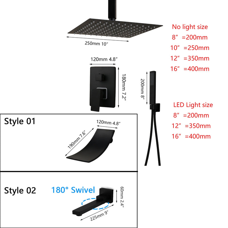 Afralia™ 8/16 Inch Matte Black LED Rainfall Shower Faucet Set