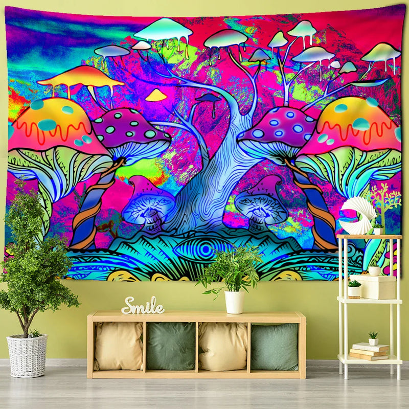 Magic Mushroom Mandala Tapestry Wall Hanging by Afralia™ - Boho Psychedelic Home Decor