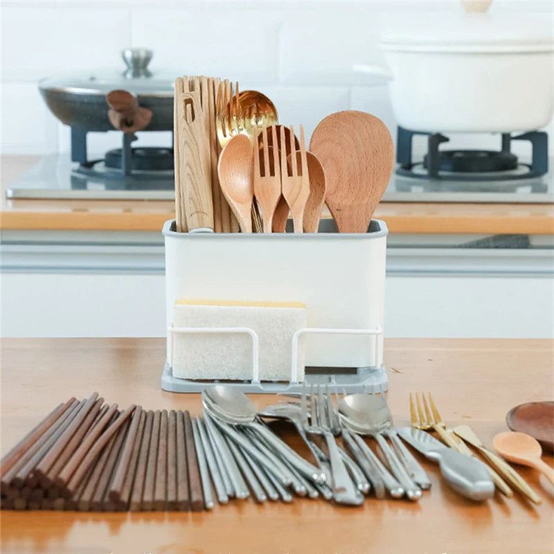 Afralia™ Double Grid Cutlery Organizer Drainer - Kitchen Utensil Holder and Sponge Rack