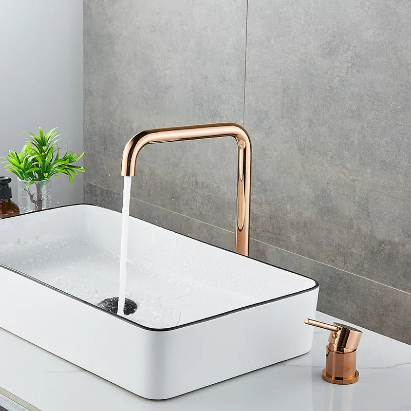 Afralia™ Rose Gold Widespread Basin Faucet - 360° Rotating Two Hole Bathroom Tap