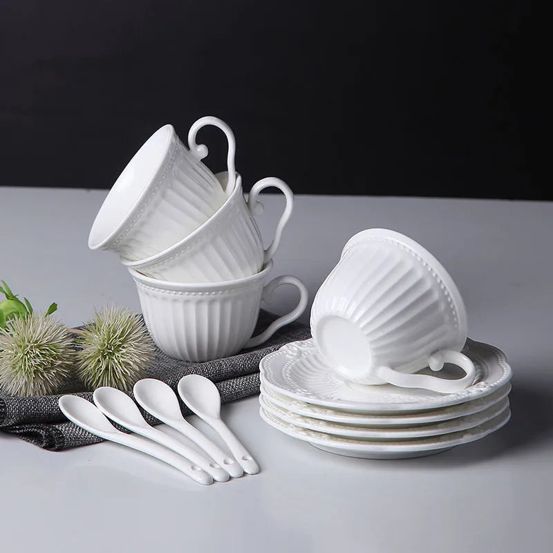 Afralia™ Ceramic Coffee Cup and Saucer Spoon Set - European Style Relief Design