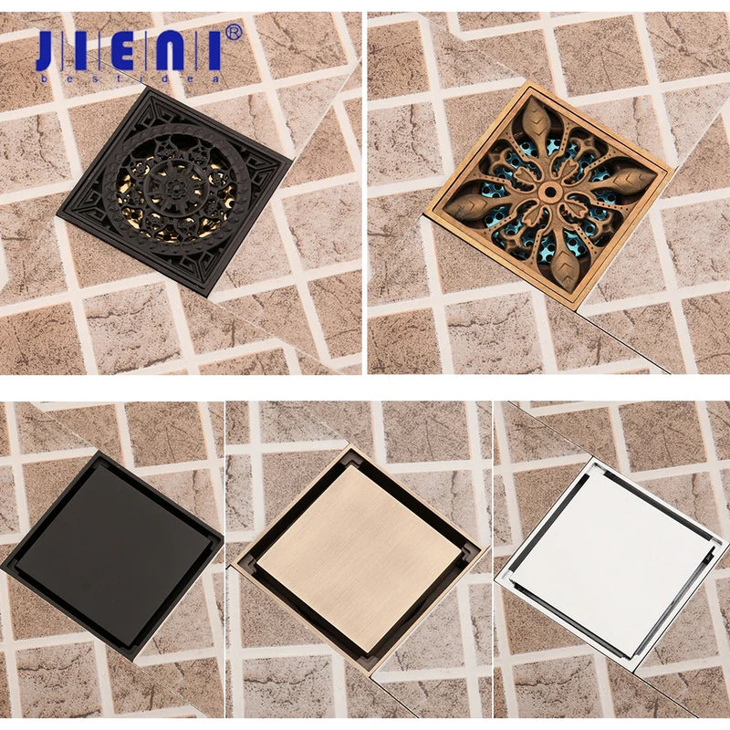 Afralia™ Square Floor Drain 10x10 cm Matte Black Chrome Brass Waste Cover Drain