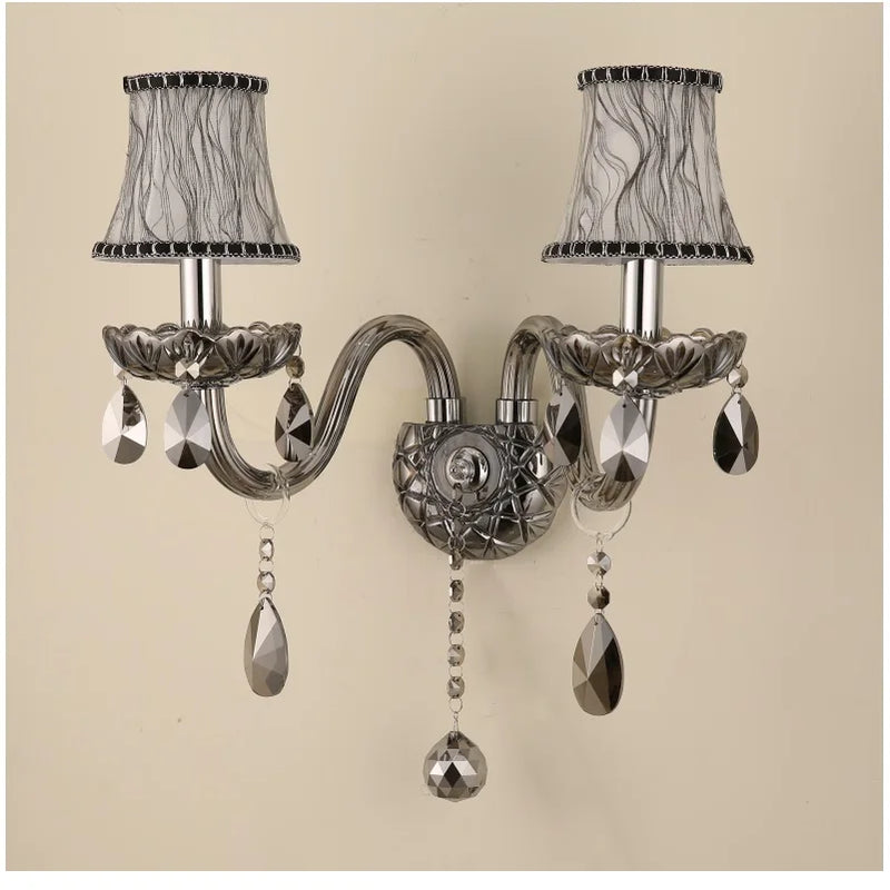 Afralia™ Crystal Wall Lamp: Smoke Grey Shade, European Style, Double Heads