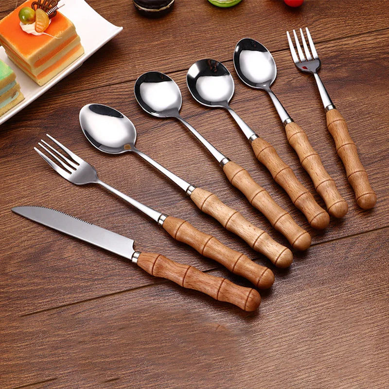 Afralia™ Stainless Steel Wood Handle Cutlery Set for Western Food Desserts