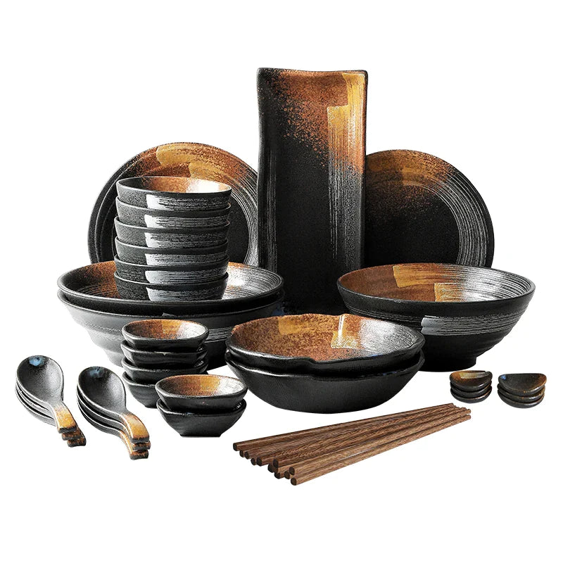 Afralia™ Ceramic Japanese Dinner Set - Retro Tableware Collection