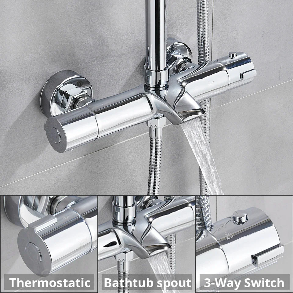 Afralia™ Chrome Thermostatic Bath Shower Set with Rain Shower Head