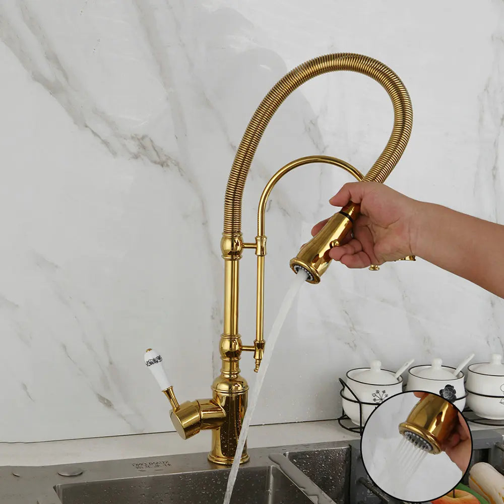 Afralia™ Golden Kitchen Faucet Vessel Sink Swivel Mixer Tap with Pull Down Spring