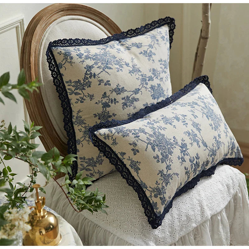 Afralia™ Toile De Jouy French Fashion Linen Pillow Case with Lace Franges