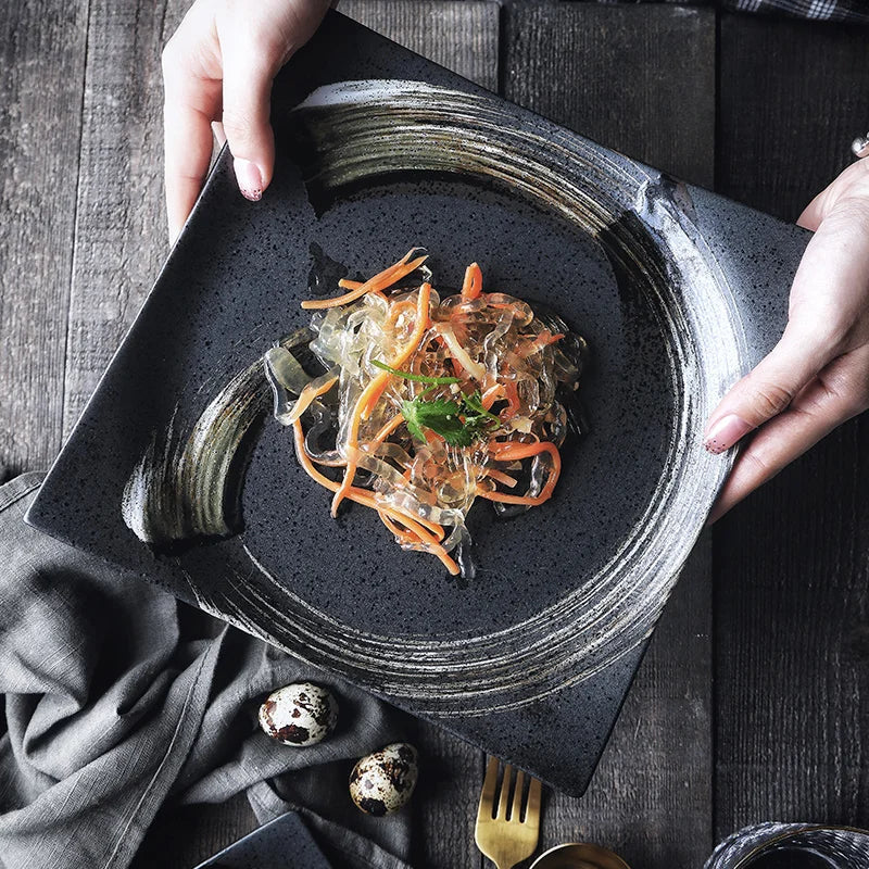 Afralia™ Black Ceramic Sushi Plate and Rice Bowl Set