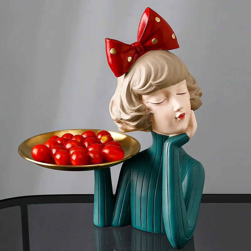 Afralia™ Turquoise Bowknot Girl Resin Figurine - Elegant TV & Wine Cabinet Statue
