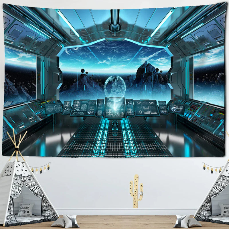 Afralia™ Galaxy Alien Planet UFO Spacecraft Tapestry Wall Hanging Home Decor