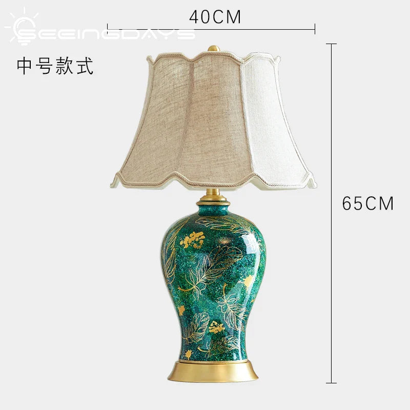 Afralia™ Golden Leaf Green Ceramic Table Lamp - Luxury New Chinese Style for Living Room