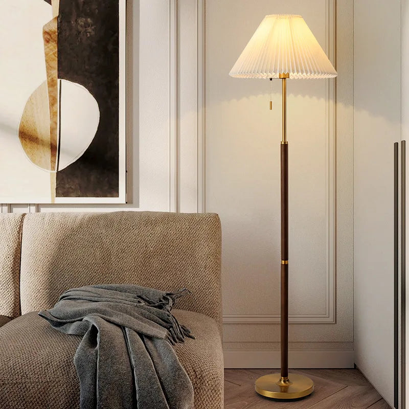 Afralia™ Pleated Wood Floor Lamp with White Fabric Shade