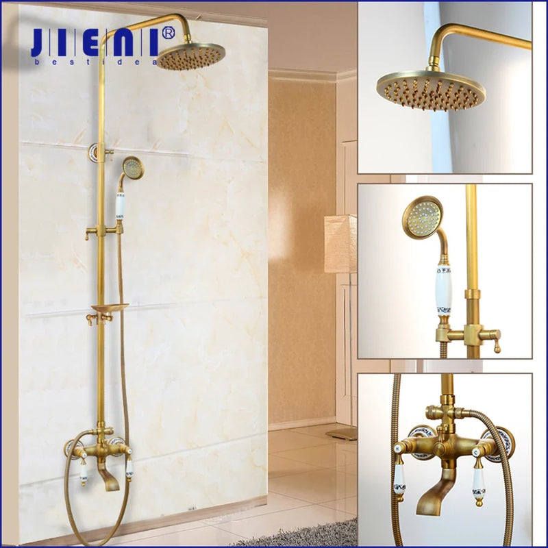 Afralia™ Antique Brass Rainfall Shower Faucet Set with Handshower and Shelf