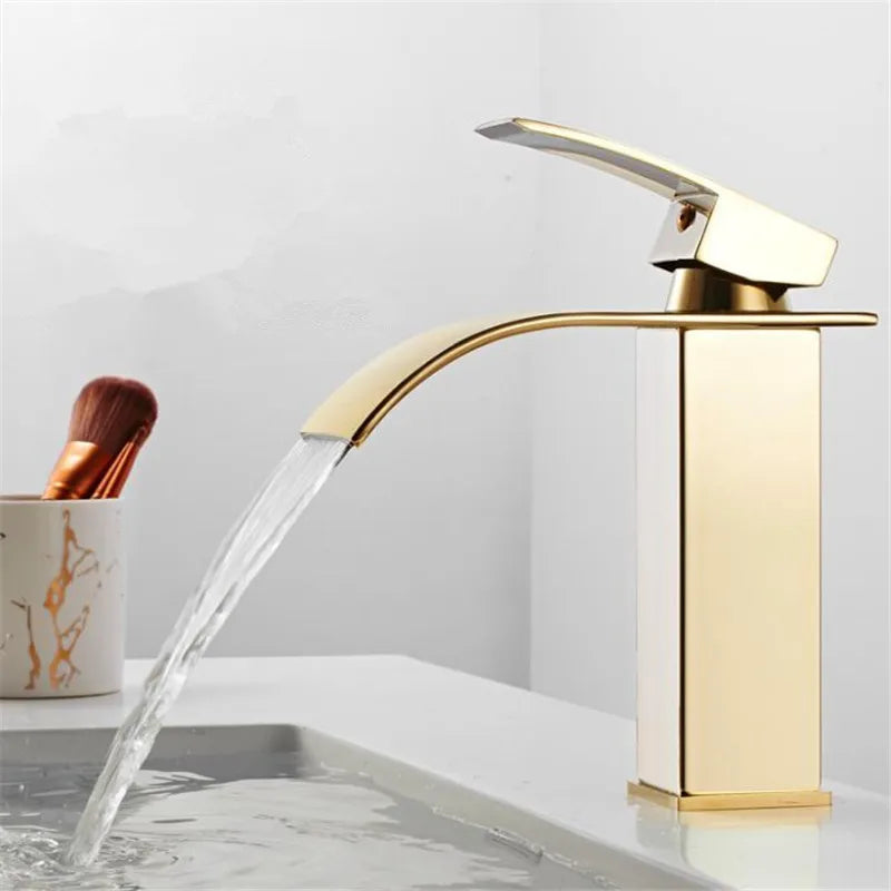 Afralia™ Gold Waterfall Basin Faucet: Brass Bathroom Mixer Tap, Hot Cold Sink Faucet