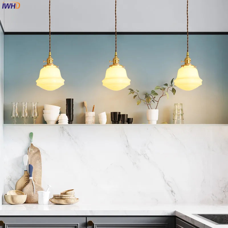 Afralia™ White Glass LED Pendant Light: Japanese Nordic Style Copper Hanging Lamp