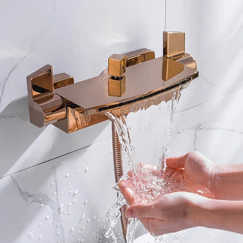 Afralia™ Rose Gold Bathtub Shower Mixer Set with Handheld Waterfall Tap