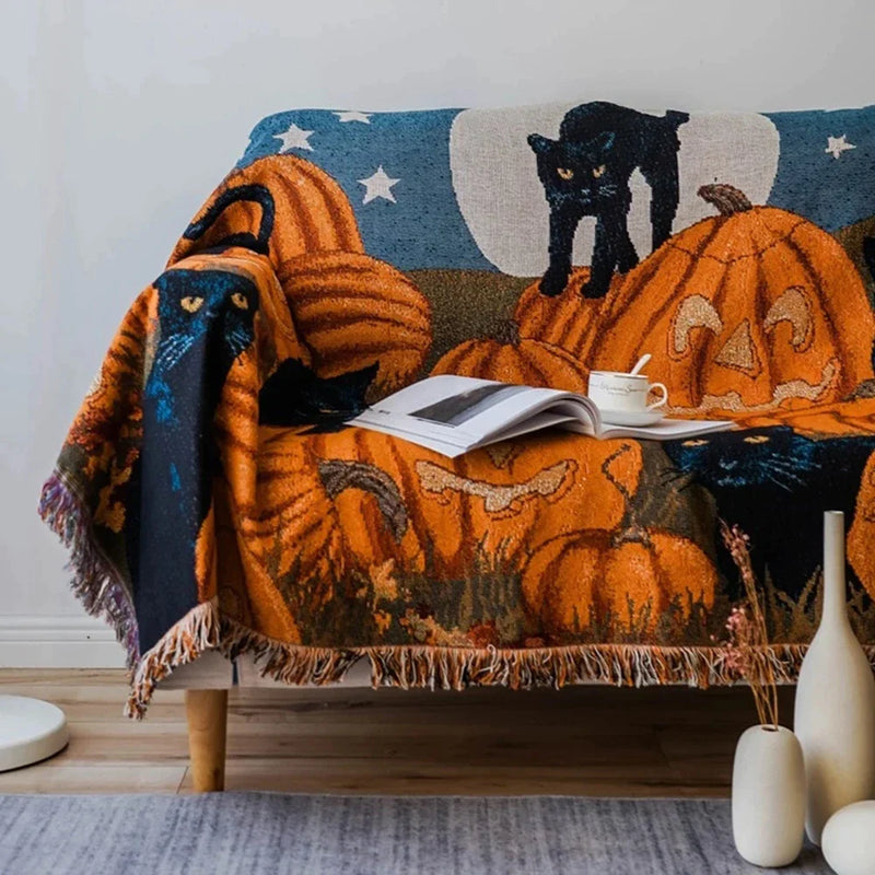 Afralia™ Halloween Black Cat Knitted Blanket - Cozy Sofa Throw for Autumn/Winter