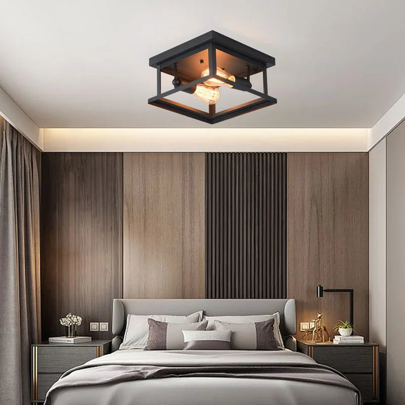 Afralia™ Wrought Iron Square Ceiling Light: Farmhouse Kitchen Dining Room Black Cage Lamp