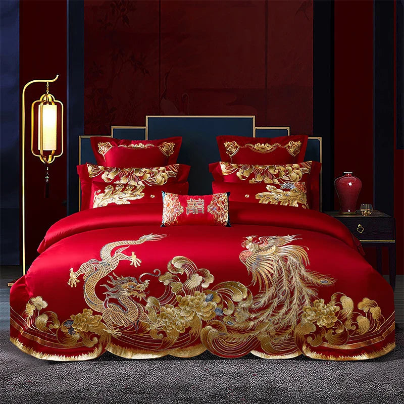 Afralia™ Red Chinese Wedding Style Bedding Set with Gold Loong Phoenix Embroidery