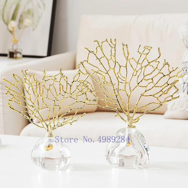 Afralia™ Crystal Metal Golden Coral Handicraft Home Decor for Modern Living Space