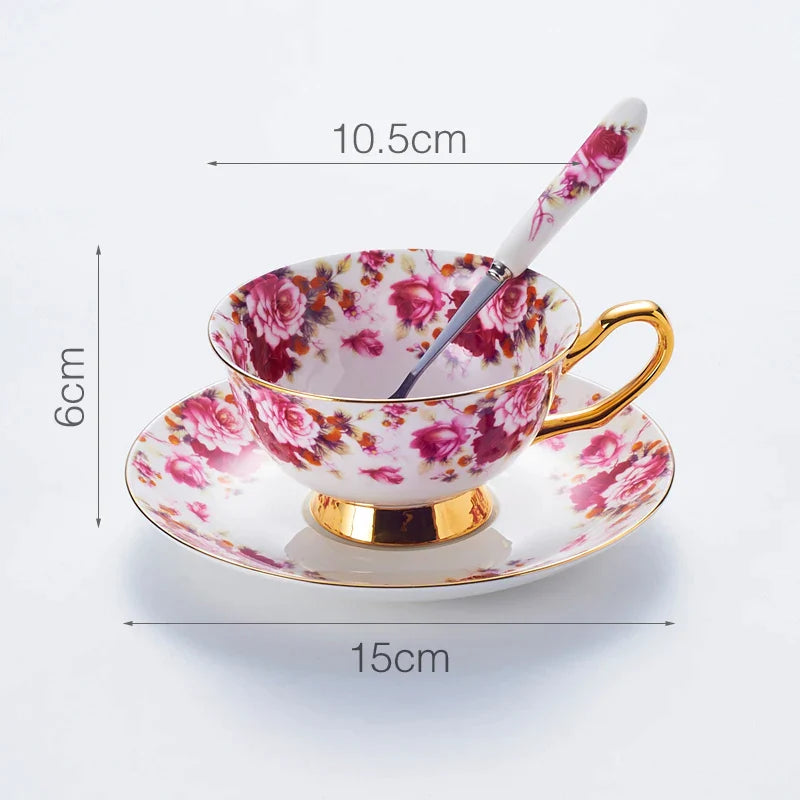 Afralia™ Elegant Floral Tea Set - 200ml Capacity Bone China Cup, Saucer, and Spoon