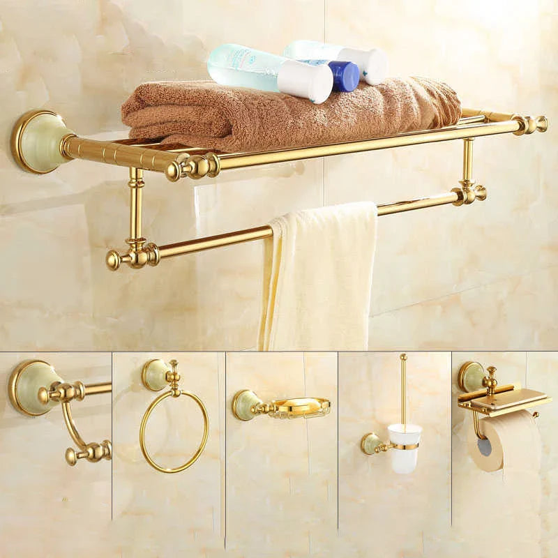 Afralia™ Gold Bathroom Accessories Set: Shelf, Towel Rack, Holder, Brush Holder, Bath Hardware