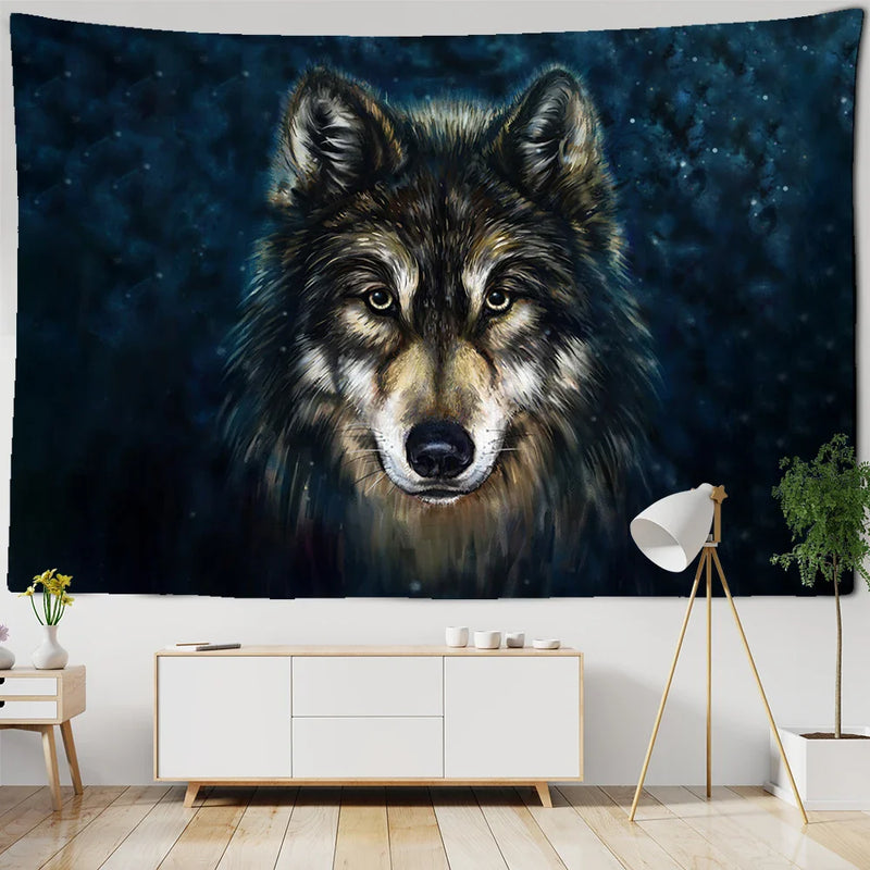 Afralia™ Wolf's Gaze Tribal Animals Tapestry Wall Hanging for Home Decor