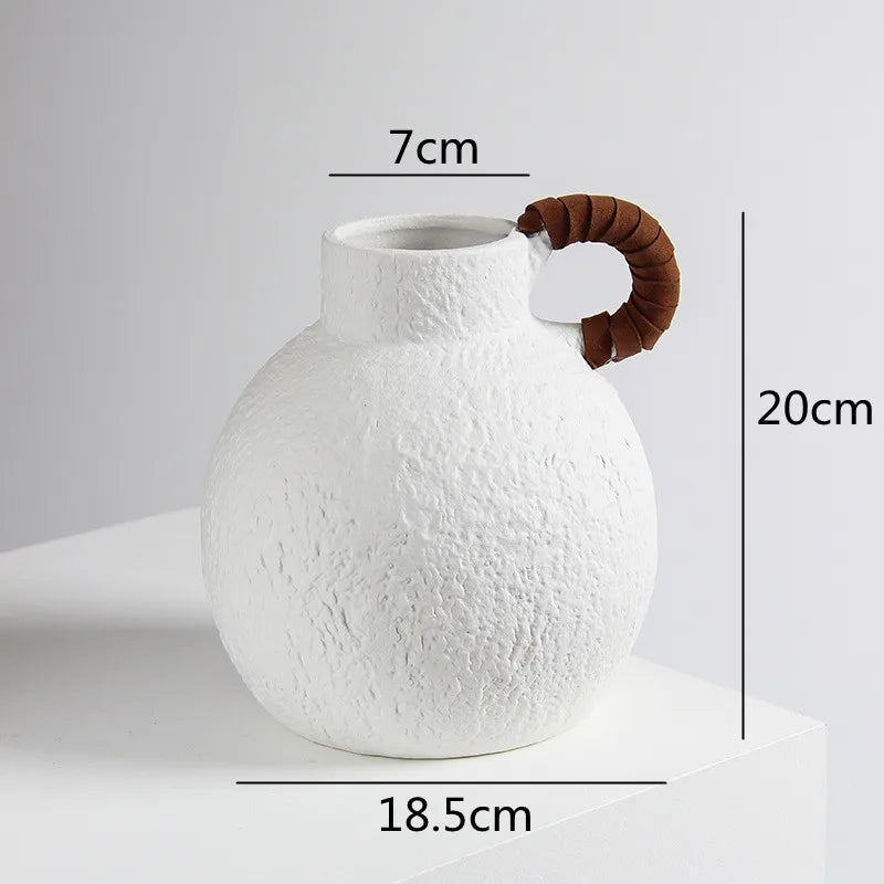 Afralia™ Retro Continental White Ceramic Flower Vase - Handle Ornament Rough Surface