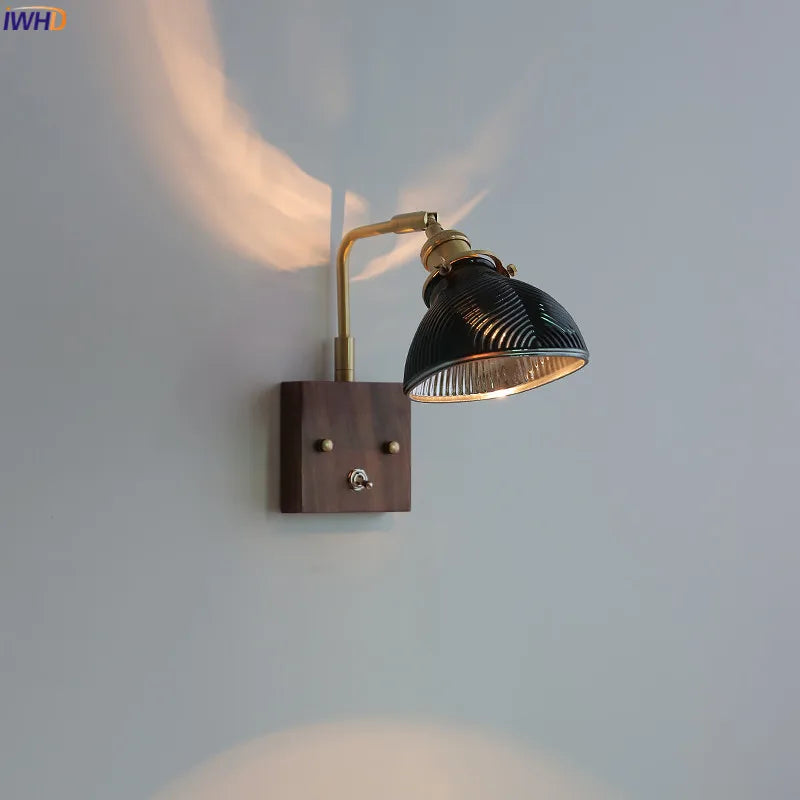 Afralia™ Walnut Wood Canopy LED Wall Lamp | Modern Copper Rotate Wandlamp