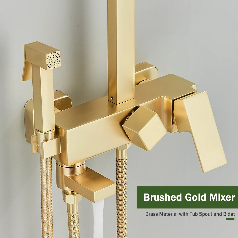 Afralia™ Brushed Gold 4-Way Brass Shower Set with Bidet Mixer Tap