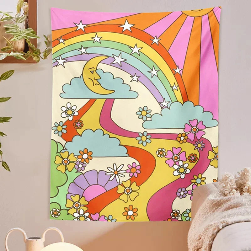 Afralia™ Retro Rainbow Psychedelic Tapestry Wall Hanging - Vintage Hippie Decor