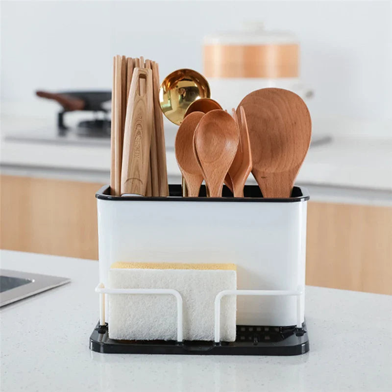 Afralia™ Double Grid Cutlery Organizer Drainer - Kitchen Utensil Holder and Sponge Rack