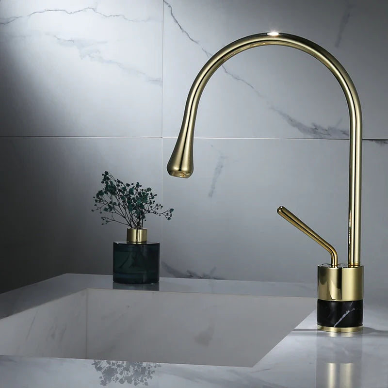 Afralia™ Gold Brass Marble Basin Faucet Hot Cold Sink Mixer Tap