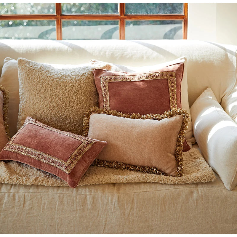 Afralia™ Lotus Pink European Style Pillow Cover with Vintage Tassels