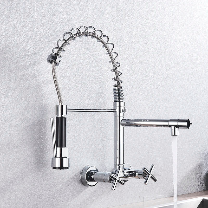 Afralia™ Spring Mounted Double Handle Kitchen Faucet with 2 Nozzles, Chrome Finish