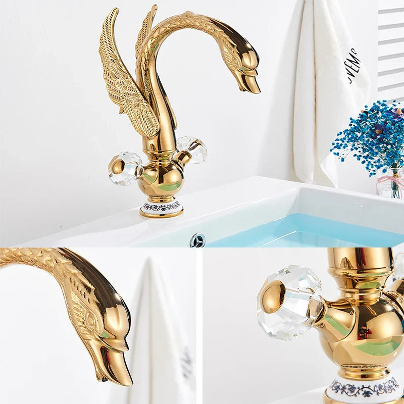 Afralia™ Golden Swan Crystal Handle Basin Faucet - Deck Mount Luxury Bathroom Mixer