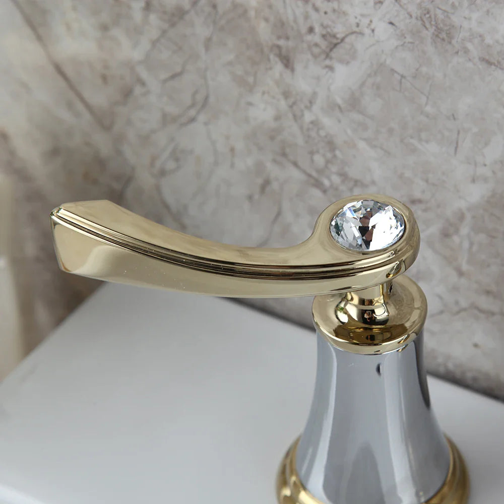 Afralia™ Matte Black Golden Bathroom Faucet with 2 Diamond Handles, Deck Mount Basin Mixer Tap