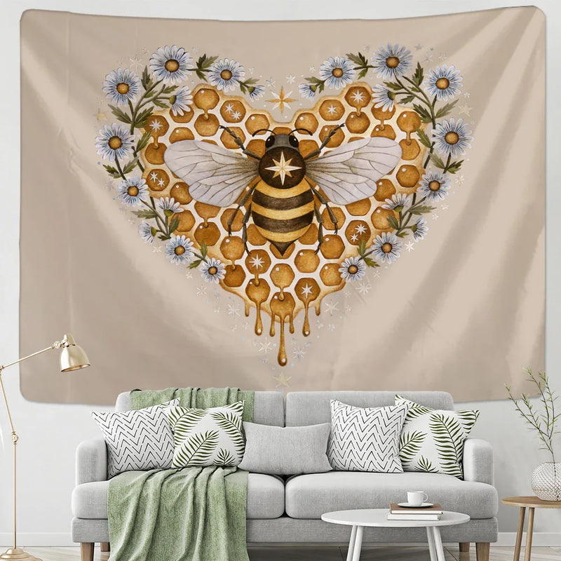 Afralia™ Psychedelic Bee Tapestry Wall Daisy Flower Home Decor for Bohemian Hippie Vibes