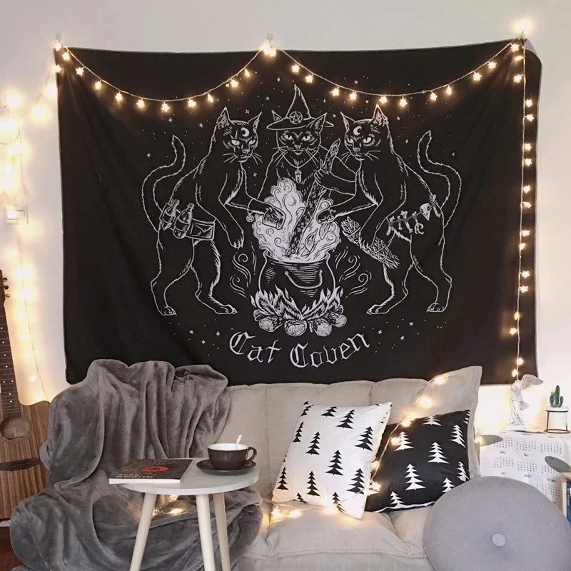 Afralia™ Cat Coven Mysterious Baphomet Occult Wall Tapestry Home Decor