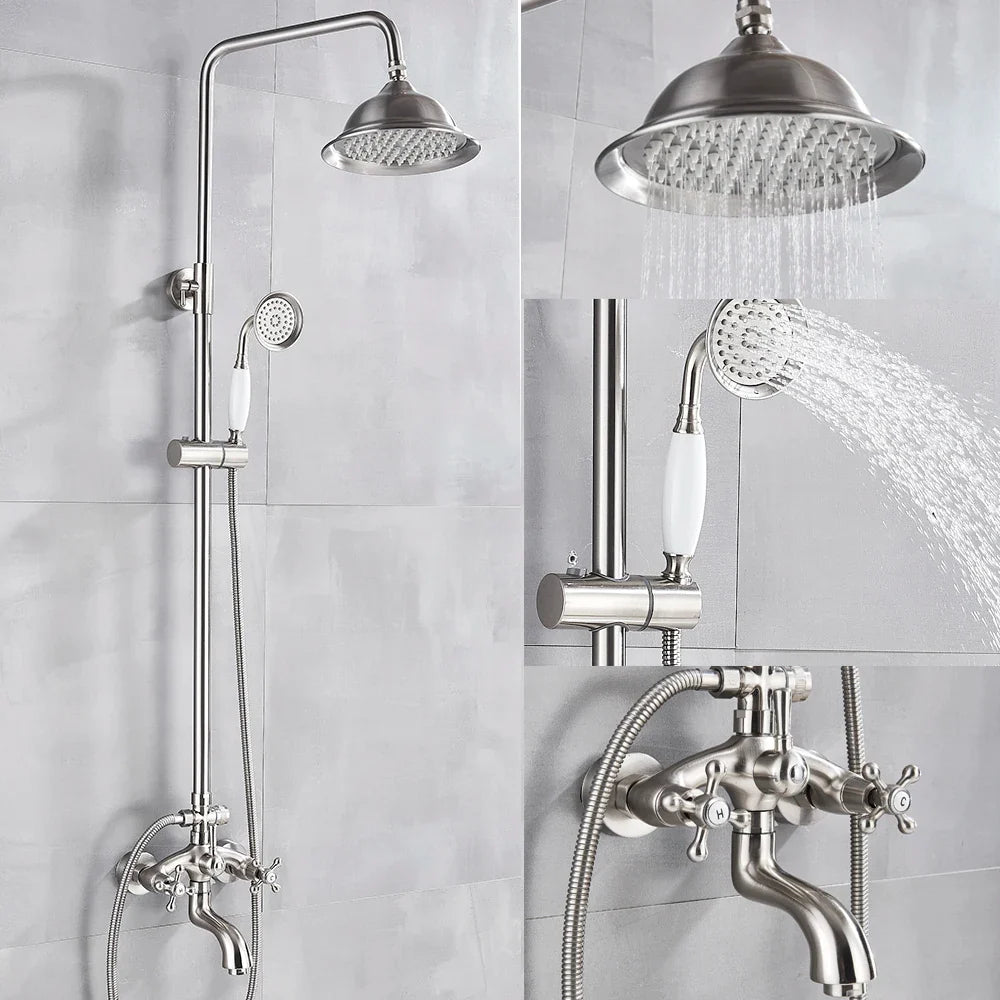 Afralia™ Brushed Nickel Shower Faucet Set with Rainfall Shower Head & Hand Held Mixer
