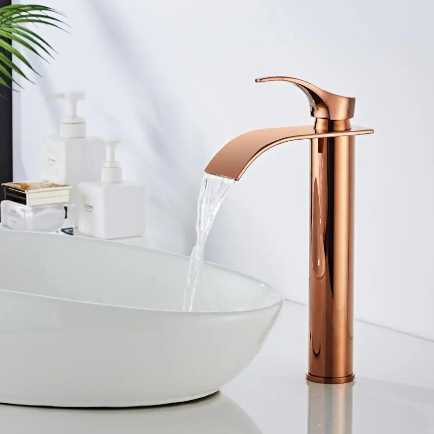 Afralia™ Rose Gold Waterfall Basin Faucet: Brass Bathroom Mixer Tap, Hot Cold Sink.