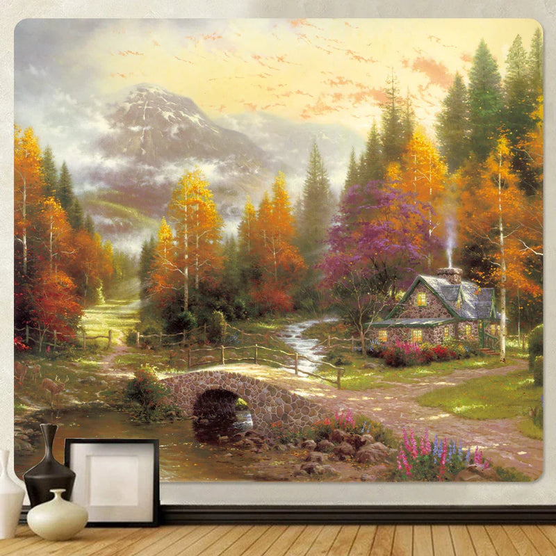 Afralia™ Christmas Snow Forest Oil Painting Tapestry - Home Bohemian Wall Decoration