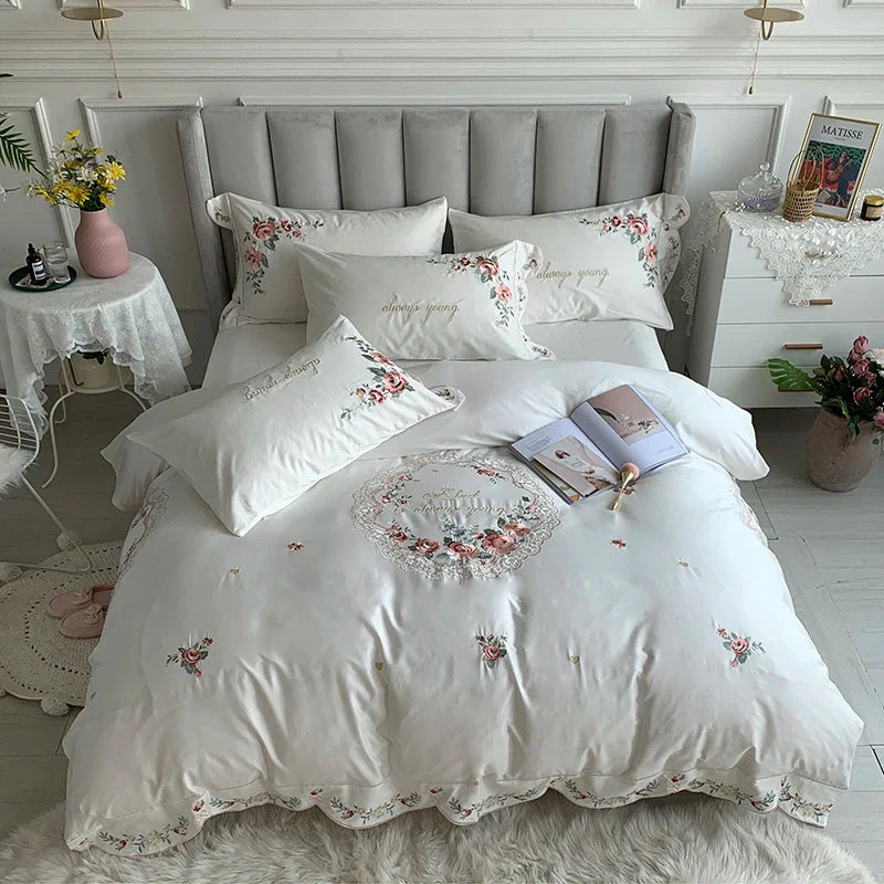 Afralia™ White Embroidered Egyptian Cotton Bedding Set, Pastoral Flowers Theme