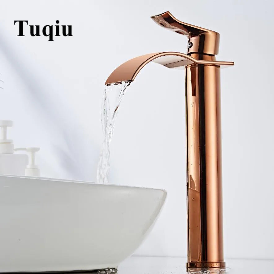 Afralia™ Rose Gold Waterfall Basin Faucet: Brass Bathroom Mixer Tap, Hot Cold Sink.