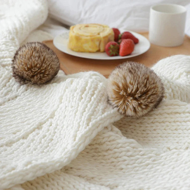 Afralia™ Chunky Chenille Knit Blanket with Pompoms - Cozy Home Decor & Sofa Throw