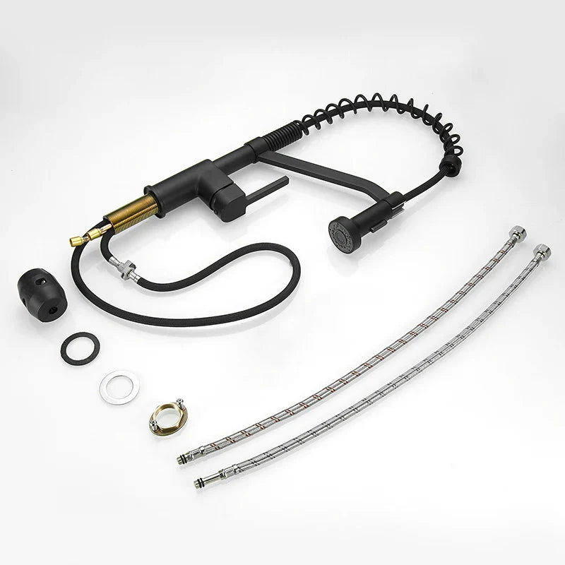 Afralia™ Modern Black & Brass Kitchen Faucet Pull Out Swivel Spout Mixer Tap 9013RSN