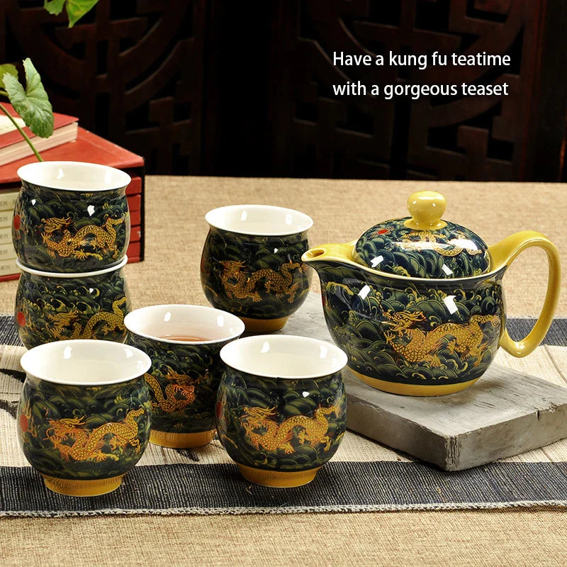 Afralia™ Dragon Teapot Tea Set, Porcelain Kung Fu Teaware for Puer Oolong Ceremony