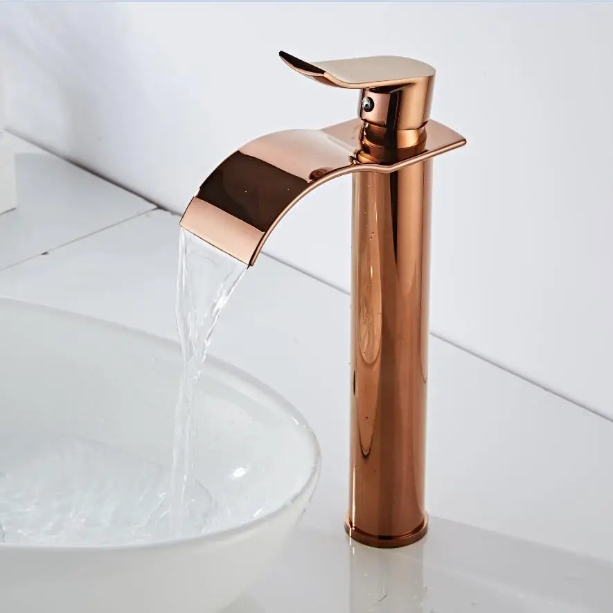Afralia™ Rose Gold Waterfall Basin Faucet: Brass Bathroom Mixer Tap, Hot Cold Sink.